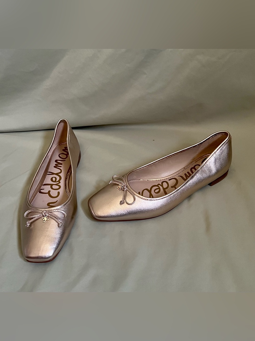 Sam Edelman Metallic Rose Ballet Flats with Square Toe and Bow